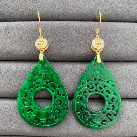 Double Happiness Carved Rounded Teardrop Hollow Jade Earrings - 18k Yellow Gold, Jade