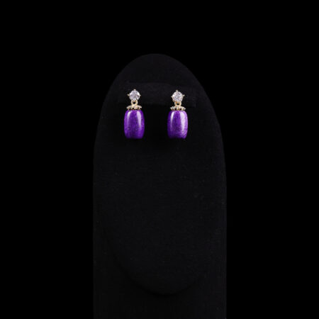 Tubular Jade Medium 10x14 mm with Round Solitaire Earrings - 18k Yellow Gold, Purple Jade