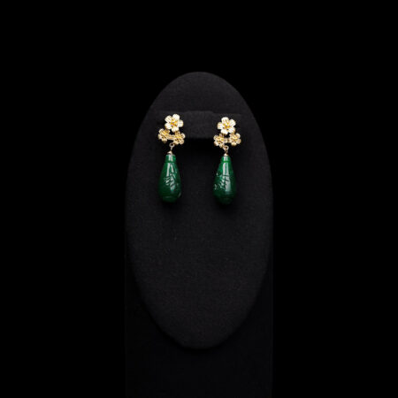 Trio Floral Carved Pear Jade Earrings - Doff Gold, Jade