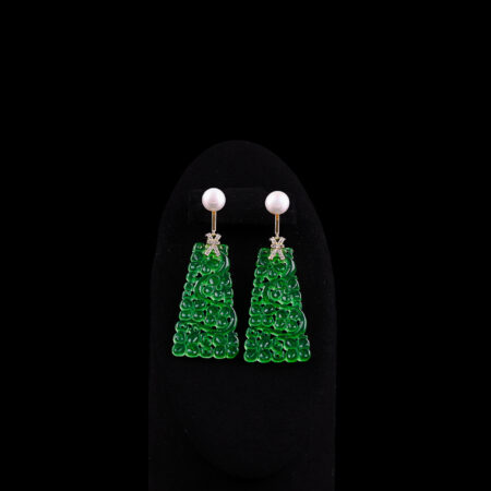 Carved Floral Trapezium Jade with Pearl Earrings - 18k Yellow Gold, Jade