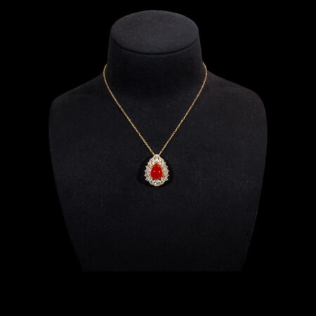 Superior Teardrop Jade Halo Art Pendant - 18k Yellow Gold, Red Jade