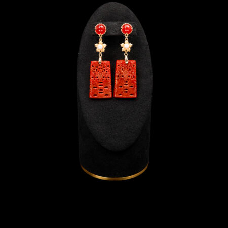 Carved Jade Happiness Floral Earrings - 18k Yellow Gold, Red Jade