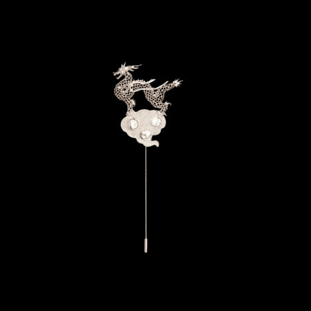 Standing Dragon Lapel Pin - Rhodium White Gold, White (Right)