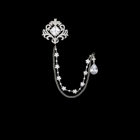 Ornamental Drop Pear Chain Pin - Rhodium White Gold