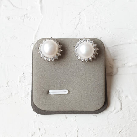 Pearl Halo Earrings 8 mm - Rhodium White Gold, White Pearl
