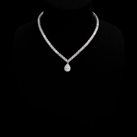 V Round 0.25 ct Around Tennis Choker with Double Bezel Pear Pendant Necklace - Rhodium White Gold