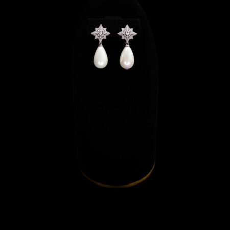 Bombastic Teardrop Pearl Earrings - Rhodium White Gold, White Pearl
