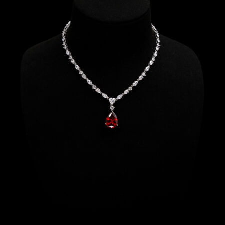 Pear Heart Raindrop Necklace - Rhodium White Gold, Ruby