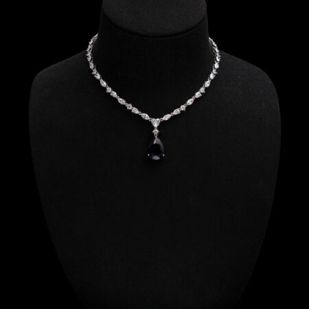 Pear Heart Raindrop Necklace - Rhodium White Gold, Sapphire