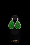 Superior Round Paved Carved Teardrop Jade Earrings - 18k Yellow Gold, Jade