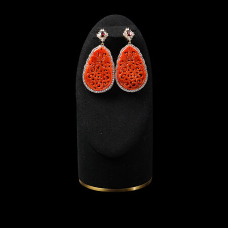 Superior Oval T Carved Rounded Teardrop Small Jade Earrings - 18k Yellow Gold, Red Jade