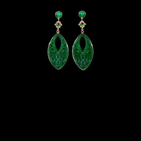 Carved Eyelet Hollow Jade Square Ornament Earrings - 18k Yellow Gold, Jade