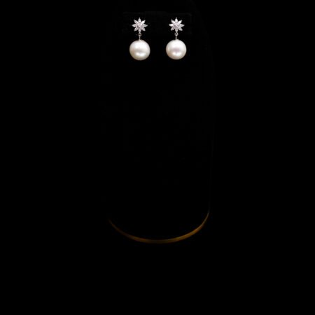 Starry Paved Drop Round Pearl 10 mm Earrings - Rhodium White Gold, White Pearl