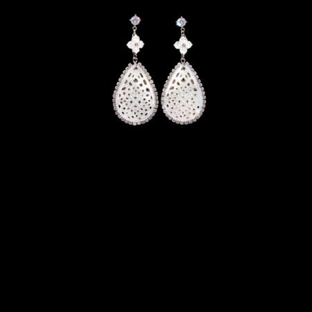 Round Stud Floral Carved Shell Earrings - Rhodium White Gold, White Mother of Pearl