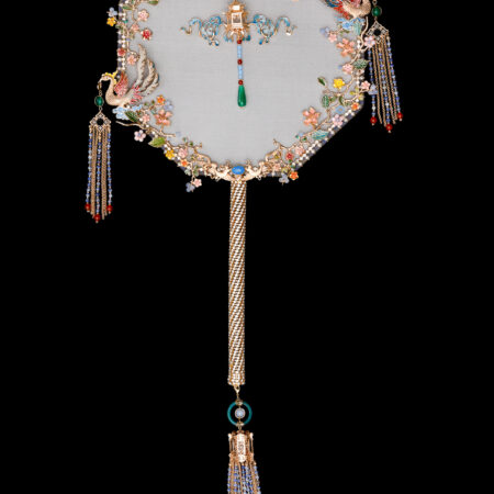 Colorful Double Phoenix Spring Garden Fan - Gold, Blue