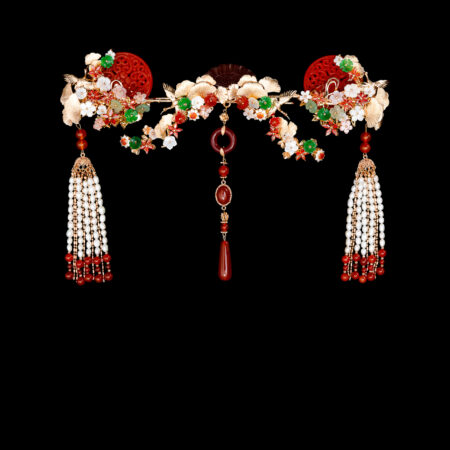 Carved Jade Crane Ginkgo Full Set - Gold, Red Jade (3 pcs)