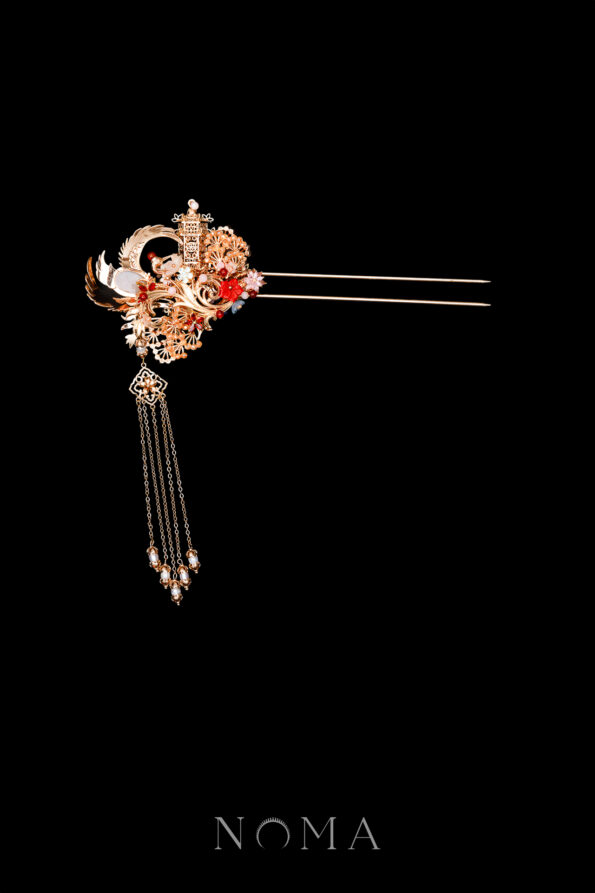 CHN-202400113-Harmonious-Crane-Pagoda-Ornament-Hairpin-Gold-Ruby-Left-1