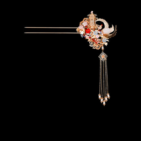 Harmonious Crane Pagoda Ornament Hairpin - Gold, Ruby (Left)