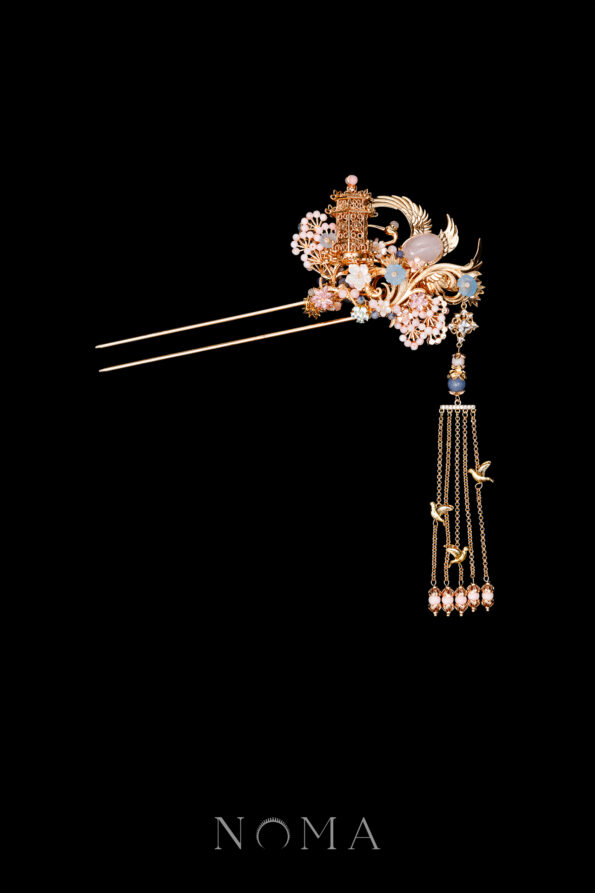 CHN-202400118-Harmonious-Crane-Pagoda-Ornament-Hairpin-Gold-Pink-Left