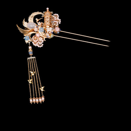 Harmonious Crane Pagoda Ornament Hairpin - Gold, Pink (Right)