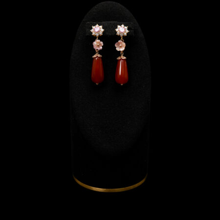 Round Paved Ume Pear Jade Earrings - Gold, Red Jade