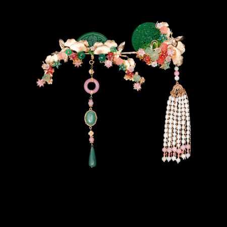 Carved Jade Crane Ginkgo Set - Gold, Pink (2 pcs)