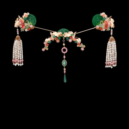 Carved Jade Crane Ginkgo Full Set - Gold, Pink (3 pcs)