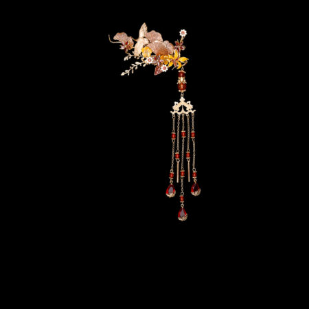 Colorful Crane Floral Artistry Side Hairvine/Brooch - Gold, Ruby (Right)
