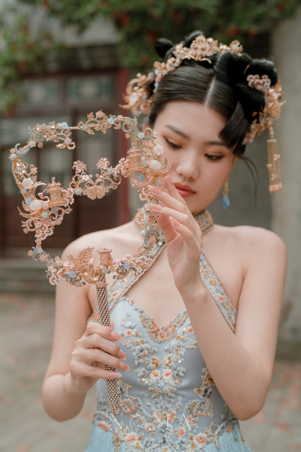 CHN-202400298-Harmonious-Peacock-Crane-Pagoda-Ornament-Fan-Gold-Pink-2