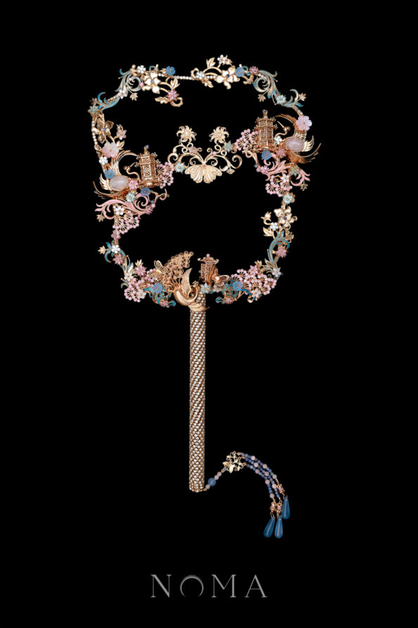 CHN-202400298-Harmonious-Peacock-Crane-Pagoda-Ornament-Fan-Gold-Pink
