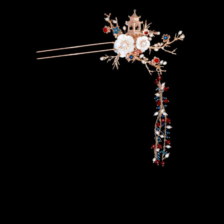 3D Pagoda Flower Garden Hairpin - Gold, Sapphire (Left)