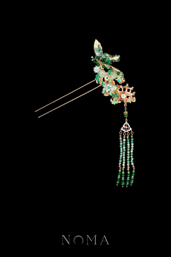 CHN-202500005-Colorful-Mosaic-Flying-Butterfly-Hairpin-Gold-Turquoise-Left