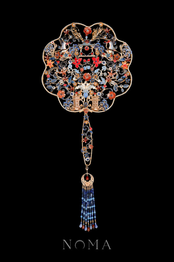 CHN-202500078-Colorful-Crane-Lotus-Ornament-Fan-Gold-Sapphire