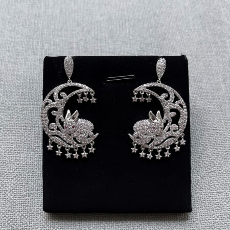 Moon Rabbit Earrings - Rhodium White Gold