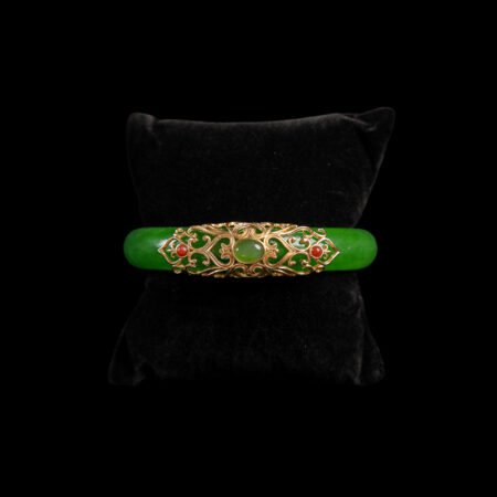 Half Clover Ornamental Jade Bangle - Doff Gold, Jade