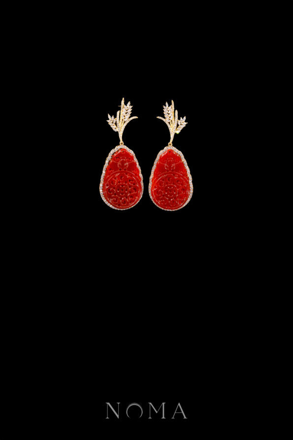 JJW-202400043-Superior-Oryza-Carved-Rounded-Teardrop-Small-Jade-Earrings-18k-Yellow-Gold-Red-Jade