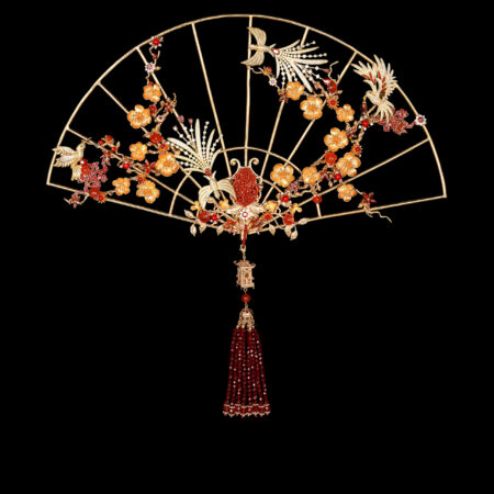 Beautiful Bird Branch Gems Fan - Gold, Ruby