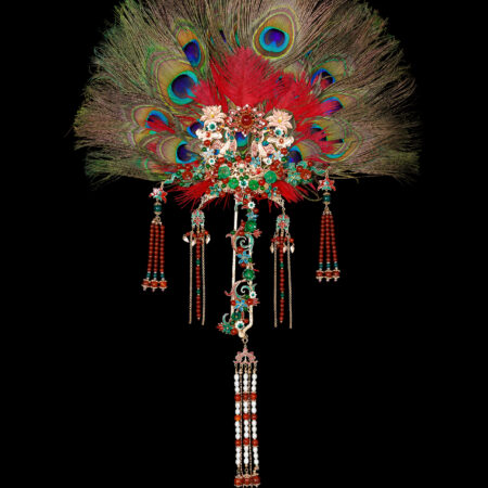 Colorful Regal Art Peacock Feather Fan - Gold