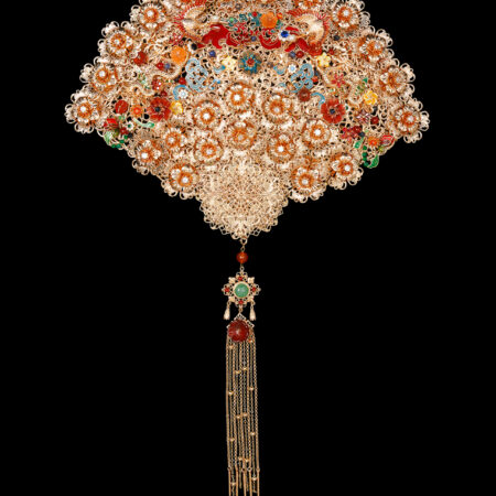 Colorful Imperial Amazing Flower Studded Fan - Gold