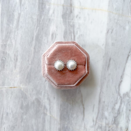 Pearl Halo Earrings 7 mm - Rhodium White Gold, White Pearl