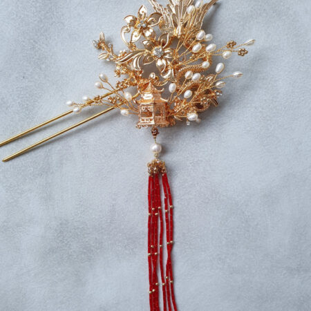Dragon and Phoenix Pagoda Hairpin - Gold, Red (Left)