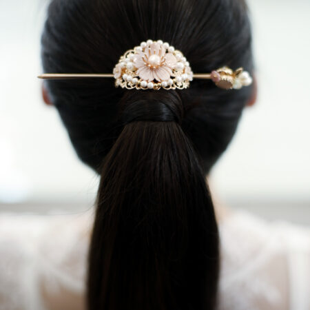 Pink Flower Ponytail Cuff Set - Gold, Pink (2 pcs)