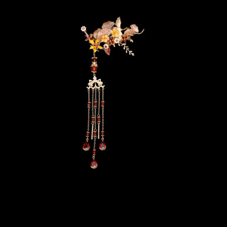 Colorful Crane Floral Artistry Side Hairvine or Brooch - Gold, Ruby (Left)