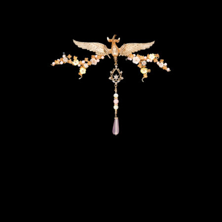 Winged Phoenix Branch Floral Hairvine or Brooch - Gold, Pink