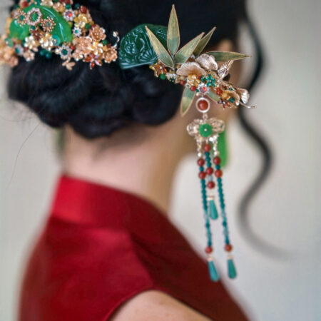 CS Lunar Bold Fan-Shaped Bamboo Hairpin - Gold, Jade