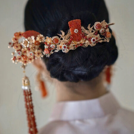 Lunar Heritage Crane Jade Haircomb - Gold, Red Jade