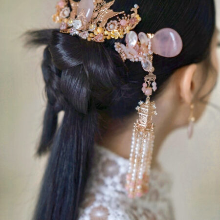 Lunar Sweet Emblem Teardrop Jade Haircomb - Gold, Pink Jade