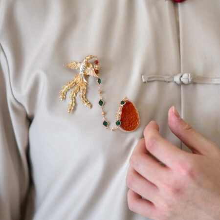Lunar Heritage Phoenix Jade Chain Brooch - 18k Yellow Gold, Red Jade
