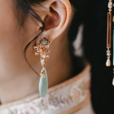 Lunar Golden Floral Elongated Pear Jade Earrings - Gold, Light Jade